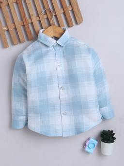 FOURFOLDS - Boys Light Blue Cotton Blend Full Sleeves Checked Shirt