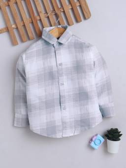 FOURFOLDS - Boys Light Grey Cotton Blend Full Sleeves Checked Shirt