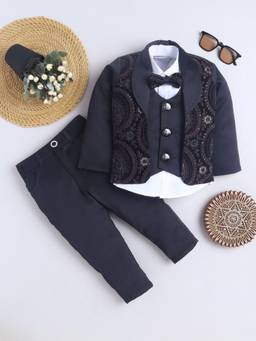 FOURFOLDS - Boys Black Floral Embroidered Sequined Suit Set