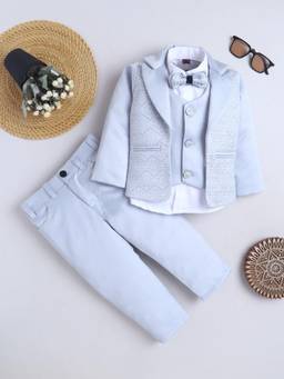 FOURFOLDS - Boys Ice Blue Floral Woven Design Suit Set
