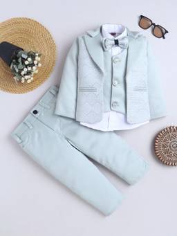 FOURFOLDS - Boys Light Blue Floral Woven Design Suit Set