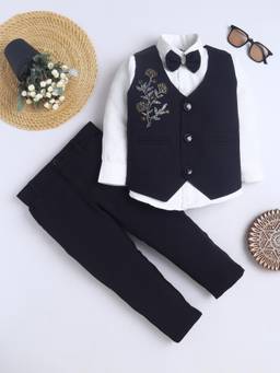 FOURFOLDS - Boys Black Cotton Blend Floral Embellished Suit Set