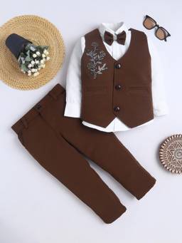 FOURFOLDS - Boys Brown Cotton Blend Floral Embellished Suit Set