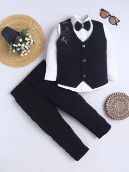 FOURFOLDS - Boys Black Cotton Blend Floral Embroidered Suit Set
