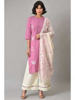 W - Pink Solid Kurta-Parallel Pant-Dupatta (Set of 3)