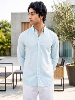 J.LINUM Co - Linen Cotton Striped Sky Blue Comfort Casual Full Sleeve Shirt for Men