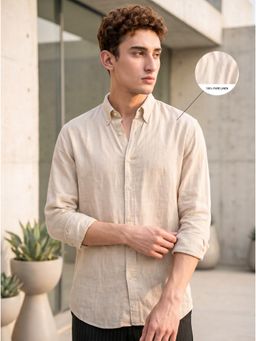 J.LINUM Co - Linen Cotton Beige Solid Comfort Casual Full Sleeve Shirt for Men