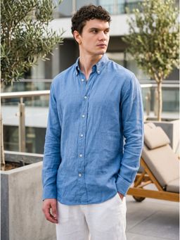 J.LINUM Co - Linen Cotton Solid Blue Comfort Casual Full Sleeve Shirt for Men