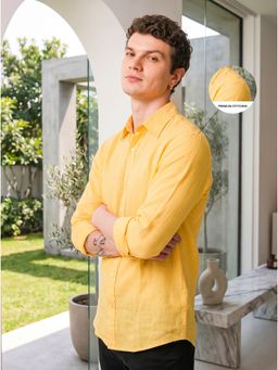 J.LINUM Co - Linen Cotton Solid Yellow Comfort Casual Full Sleeve Shirt for Men