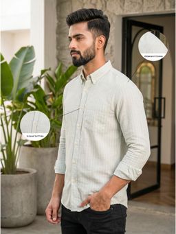J.LINUM Co - Linen Cotton Striped Light Green Comfort Casual Full Sleeve Shirt for Men