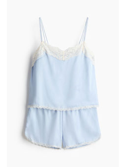 H&M - Women Blue Lace-Trimmed Satin Pyjamas