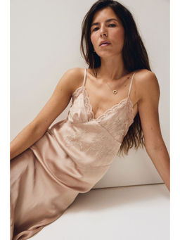 H&M - Women Beige Embroidered Viscose Satin Nightslip