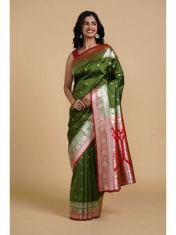 SAAKI - Desi Drapes Green Motif Saree with Red Boarder