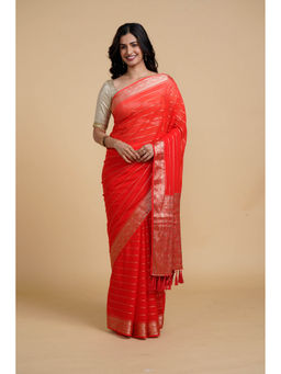 SAAKI - Desi Drapes Red Saree with Golden Stripes