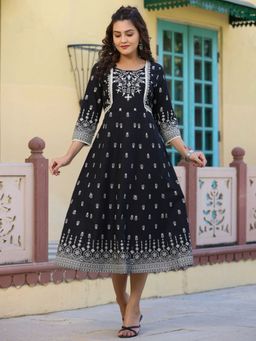 Juniper - Womens Black Printed Anarkali Flared Dress