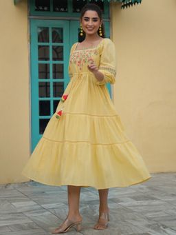 Juniper - Yellow Floral Printed Cotton Dobby Flared Dress with Thread Embroidery