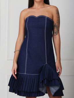 GAIIA - Navy Blue Solid Denim Tube Midi Dress