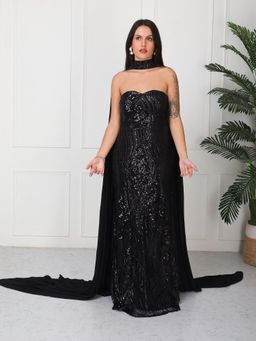 GAIIA - Black Embellished Tube Maxi Dress with Cape
