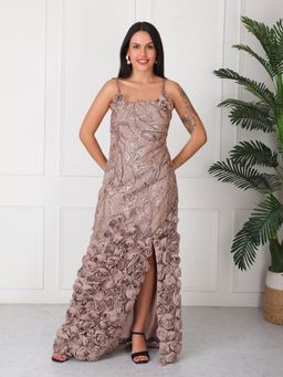 GAIIA - Brown Floral Embellished Party Gown
