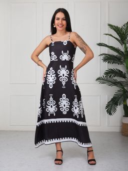 GAIIA - Black Floral Printed Strap Midi Dress