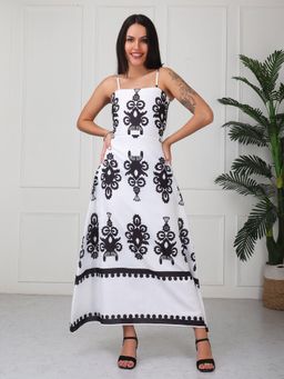 GAIIA - White Floral Printed Strap Midi Dress