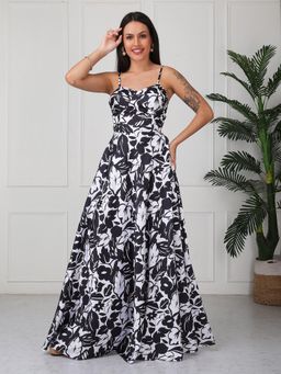 GAIIA - Black Floral Printed Flared Maxi Drees