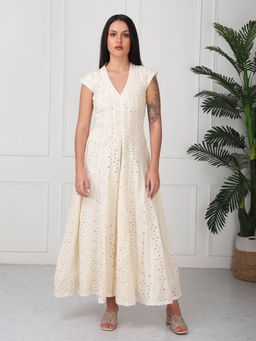 GAIIA - Cream Embroidered Veronica Flared Maxi Dress