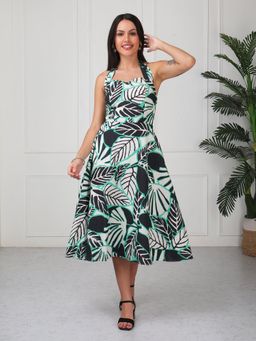 GAIIA - Green Printed Halter Neck Midi Dress