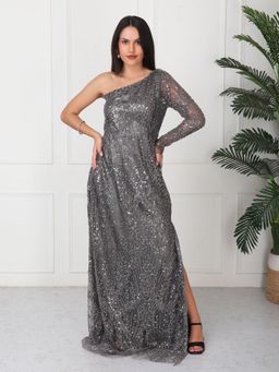 GAIIA - Grey Embellished One Shoulder Maxi Dress