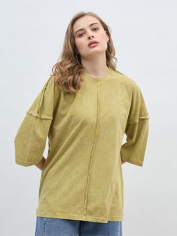 Styli - Women Crew Neck Exposed Seam Acid Washed Oversized Longline T-Shirt