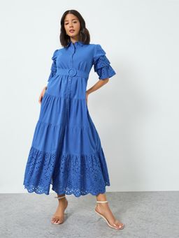 Styli - Women Blue Schiffli Collared Short Sleeves Maxi Dress with Belt