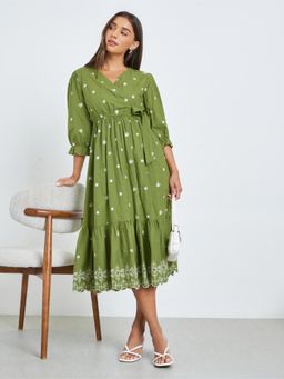 Styli - Women Olive Green Cotton Wrap Midi Dress with Contrast Embroidery Accents