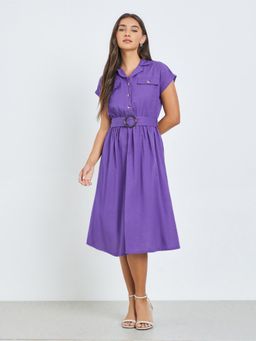 Styli - Women Purple Solid Notch Collar A-Line Midi Dress with Belt