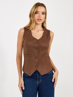 Styli - Women Brown Solid V-Neck Sleeveless Regular Fit Waistcoat
