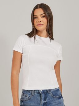 Styli - Women White Ribbed Crew Neck Fitted Crop T-Shirt