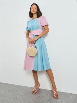 Styli - Women Multi Color Block Round Neck Short Sleeves Midi Dress