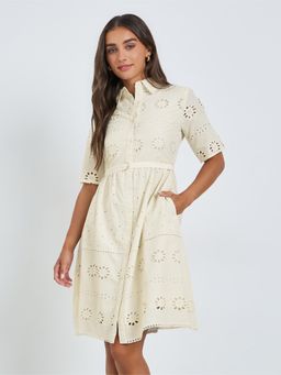 Styli - Women Off White Schiffli Collared A-Line Midi Dress