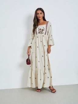 Styli - Women Cream Embroidered Square Neck Three-Quarter Sleeves Tiered Maxi Dress