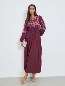 Styli - Women Magenta Embroidered V Neck Long Sleeves A-Line Maxi Dress