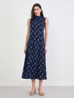 Styli - Women Navy Blue Floral Printed High Neck Sleeveless midi Dress