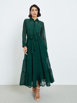 Styli - Women Green Self Design Collared Long Sleeves Maxi Dress With Tie-Belt Detail