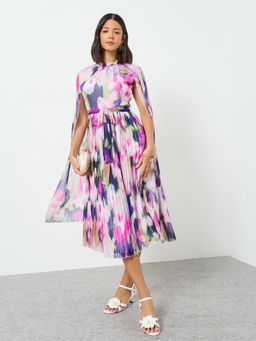 Styli - Women Multi Color Pleated High Neck Long Sleeves Midi Dress with Belt