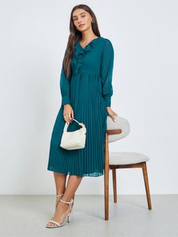 Styli - Women Teal Solid V Neck A-Line Midi Dress with Ruffle Detail