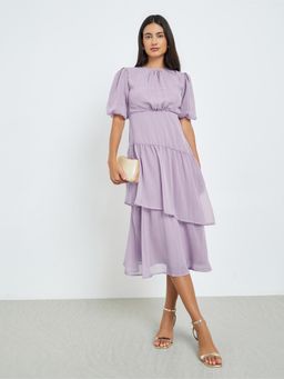 Styli - Women Lilac Self Design Round Neck Puff Sleeves A-line Midi Dress