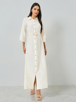 Styli - Women Off White Solid Collared Three-Fourth Sleeves Maxi Dress With Belt