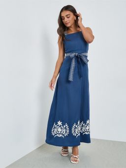 Styli - Women Blue Embroidered Square Neck Sleeveless A-Line Maxi Dress with Belt
