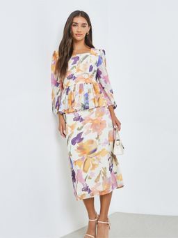 Styli - Women Multi Color Floral Print Square Neck A-Line Midi Dress