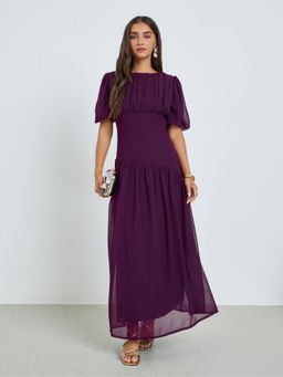 Styli - Women Purple Pleated Chiffon Round Neck Short Sleeve Maxi Dress