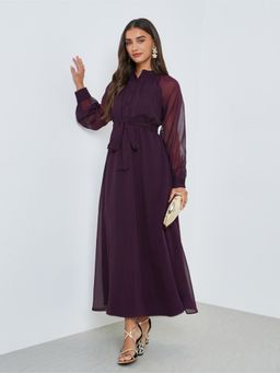 Styli - Women Burgundy Solid Full Sleeves A-Line Maxi Dress