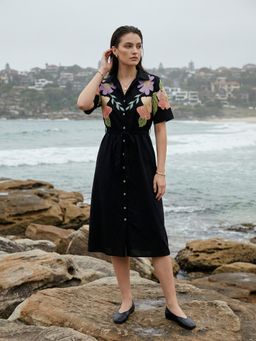 ZUMMER - Black Embroidered Shirt Midi Dress